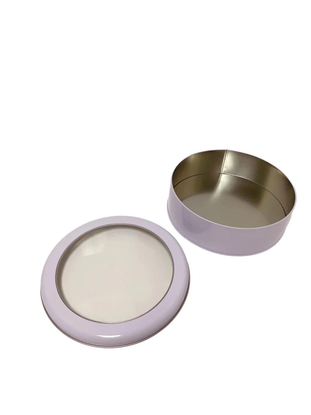 Round Tin with Clear Pet Window Custom Candle Tin Box Bulk Silver Colored Metal Box Window Tin Box