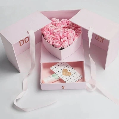 분홍색 장미와 둥근 튜브가 있는 맞춤형 고급 단단한 판지 선물 꽃 상자